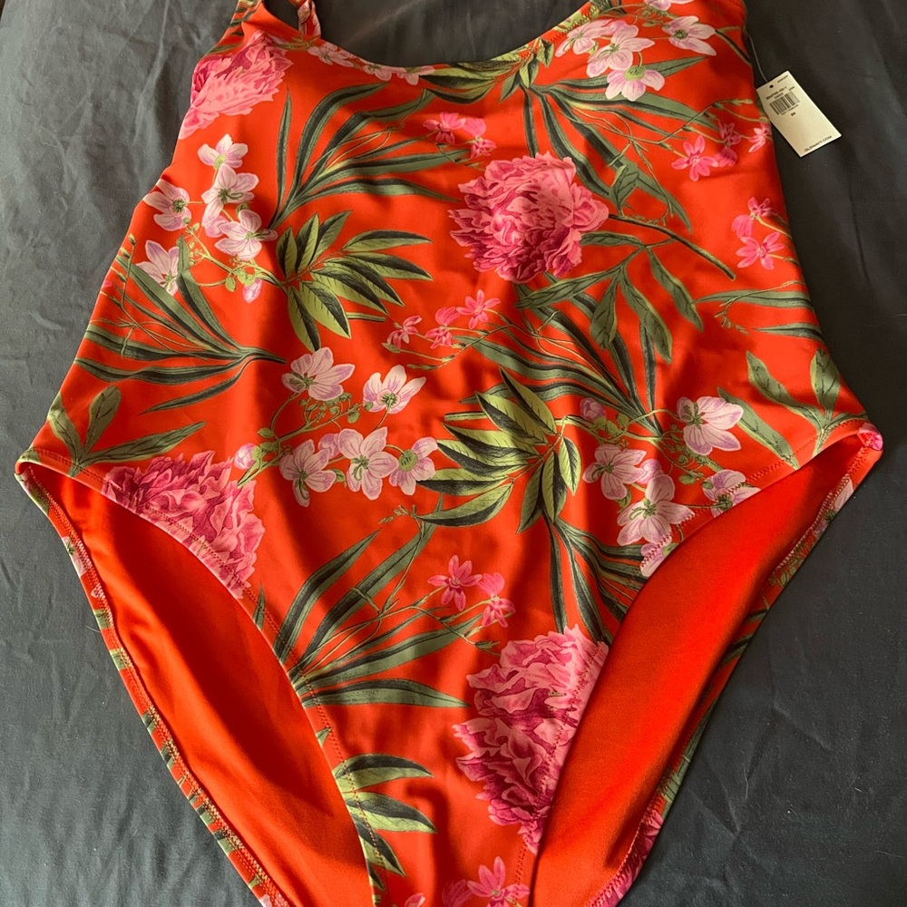 NWT-Old Navy Red and Pink One Piece Swimsuit with High-Cut Design